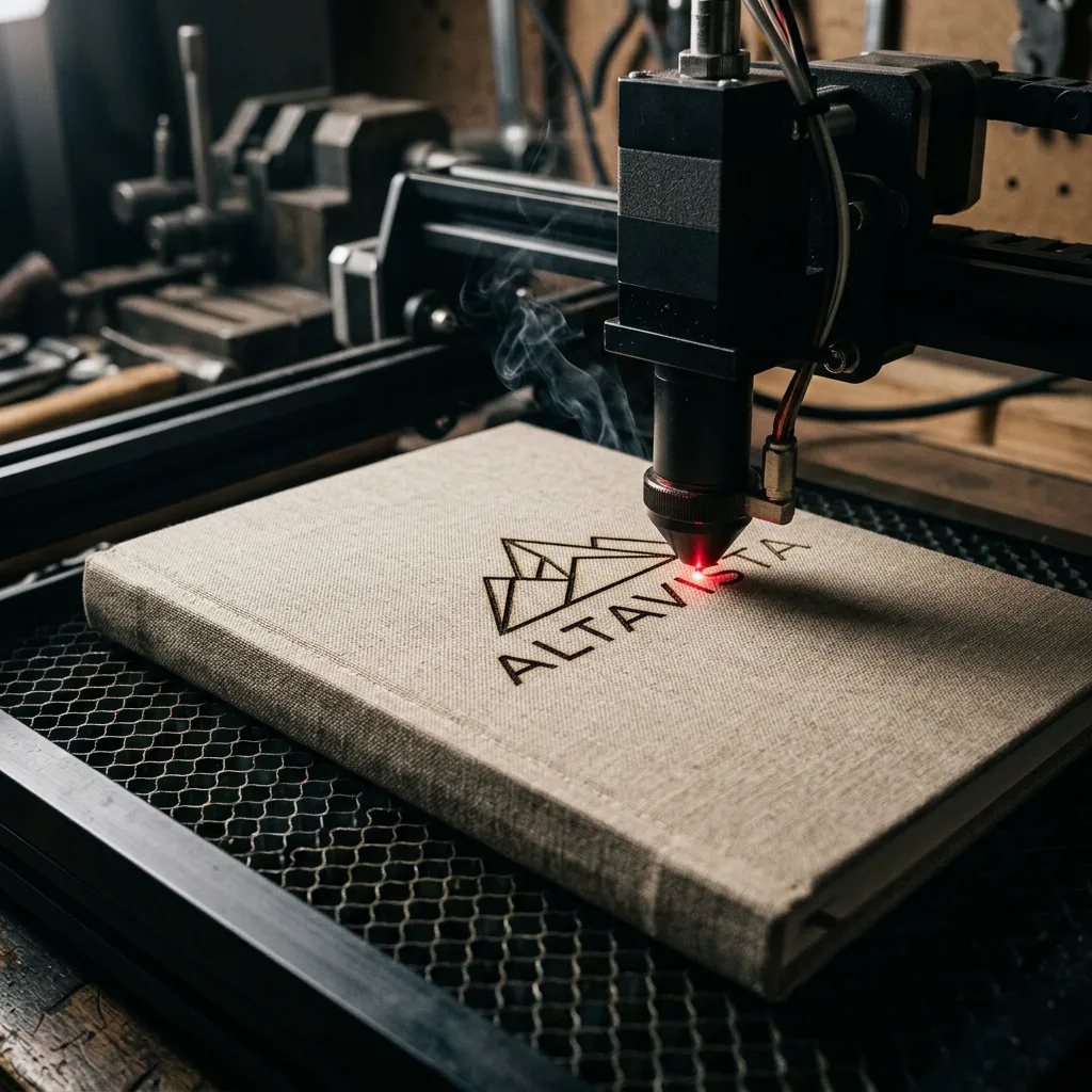 Láser grabando un logo en una libreta